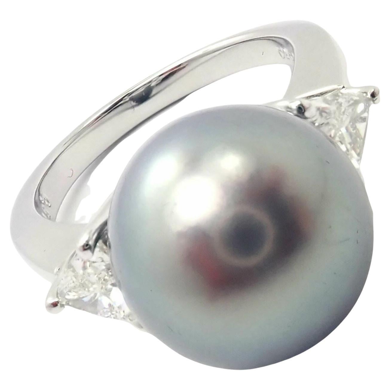 Mikimoto Large Tahitian Pearl Diamond Platinum Ring For Sale