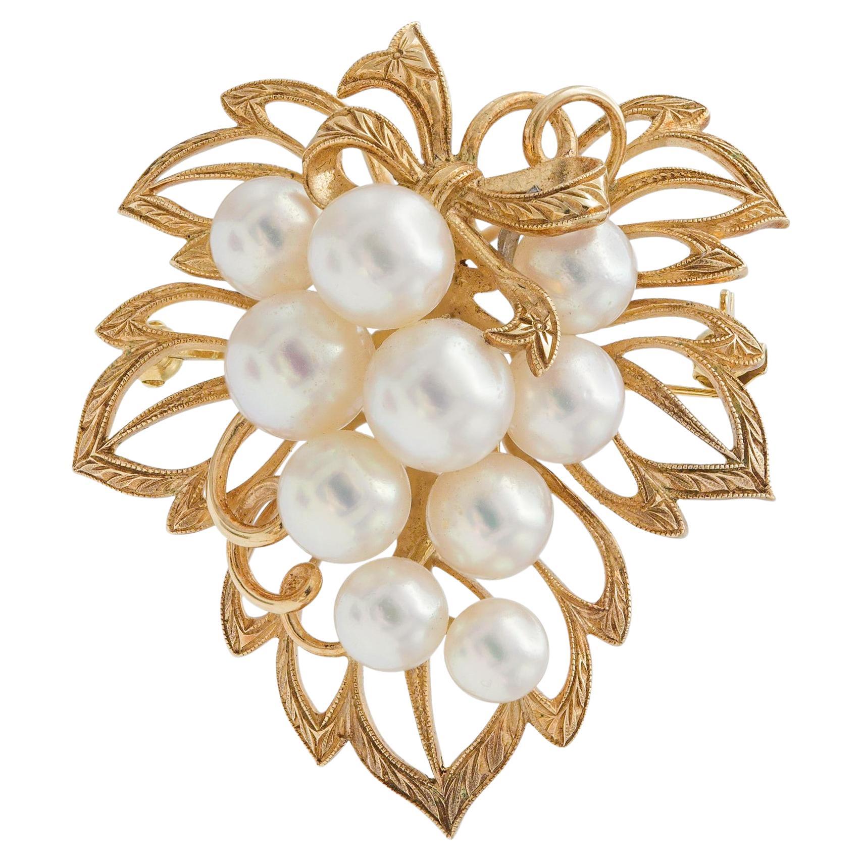 Mikimoto Leaf Brooch with Pearls For Sale