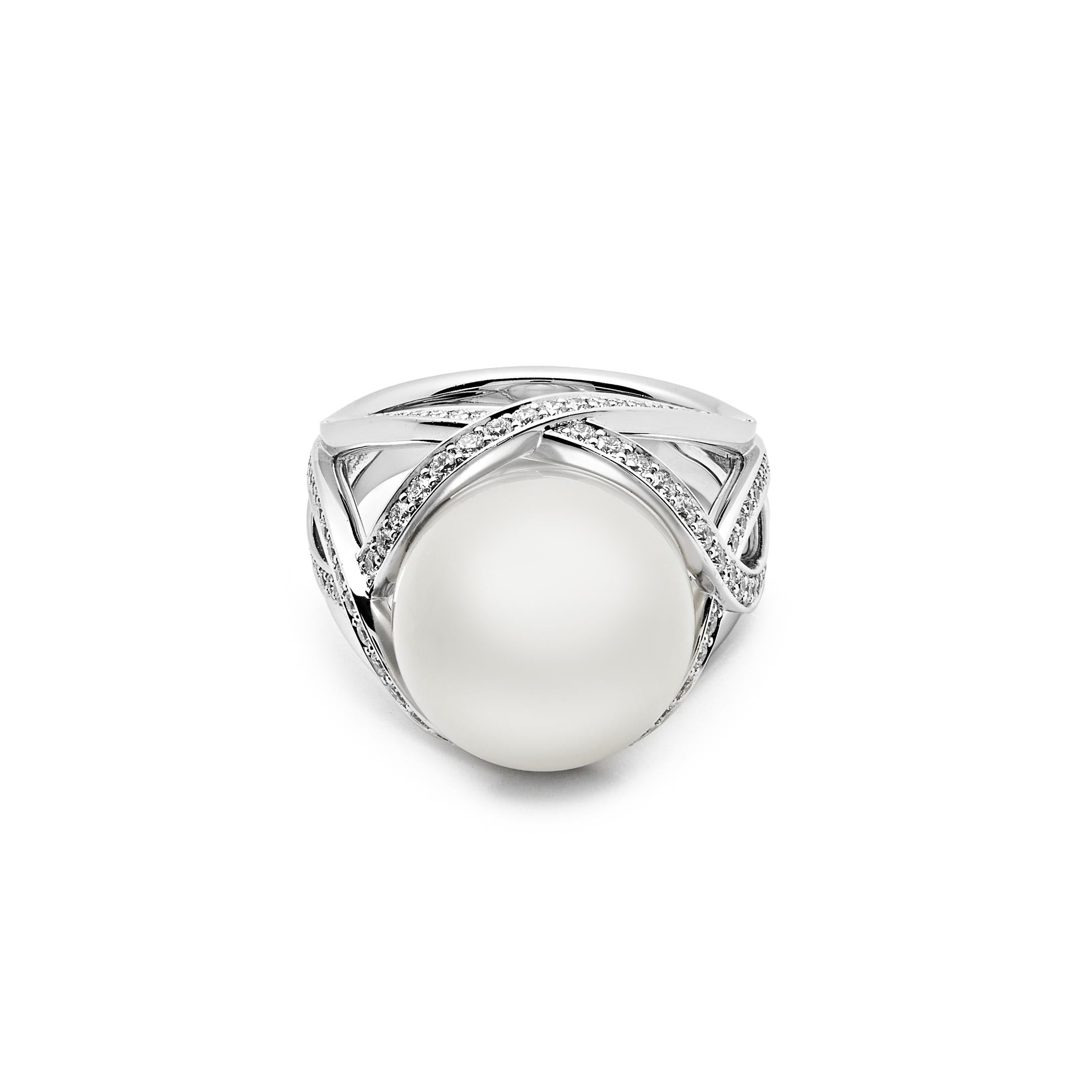 Introducing the exquisite Mikimoto 'M Collection' White South Sea Cultured Pearl Ring, a symbol of sophistication and elegance. This ring showcases the timeless beauty of a lustrous White South Sea Cultured Pearl, measuring 12mm in