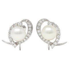 Mikimoto Mid-Century Cultured Pearl 14 Karat White Gold Ribbon Retro Earrings