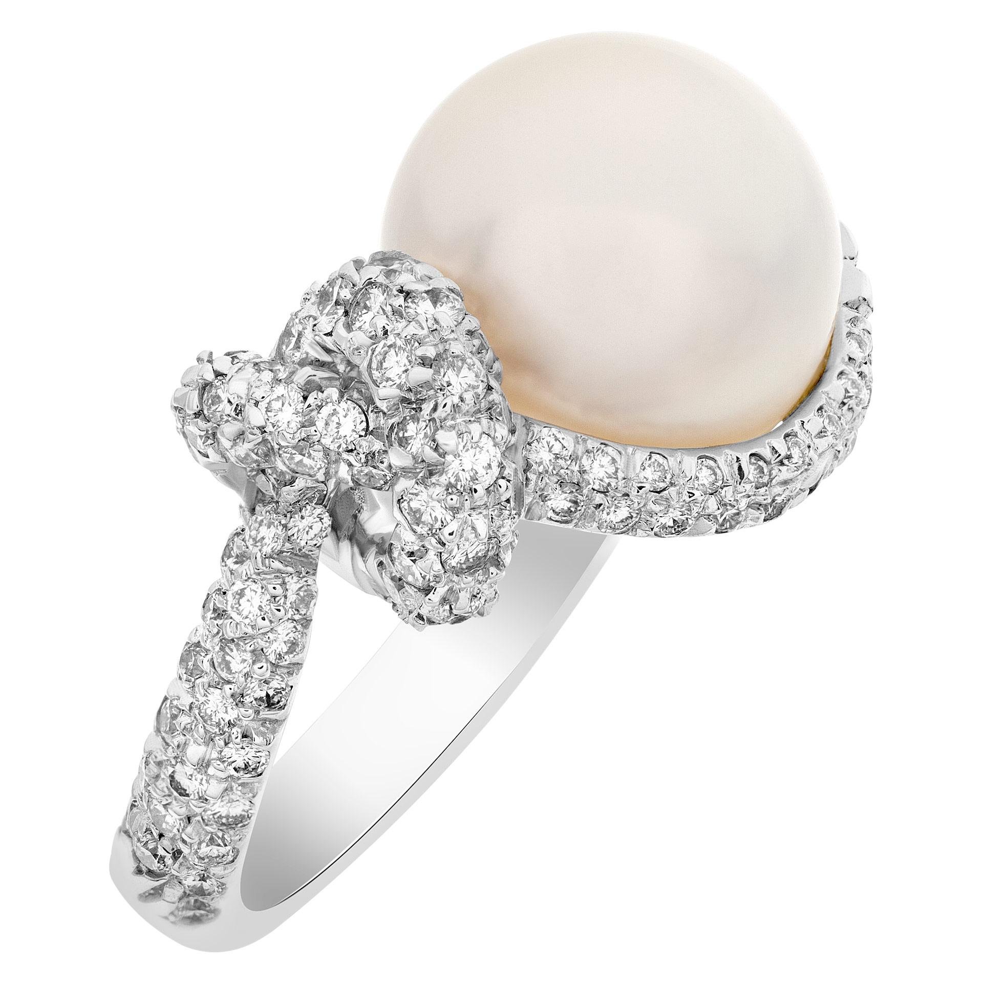Mikimoto Milano South Sea pearl ring with a high grade, excellent luster and round shape. Pearl is 11.8mm with very clean surface with strong lacre with silver body and rose overtone. Approximately 2 carats of diamond accents in total.  Width at