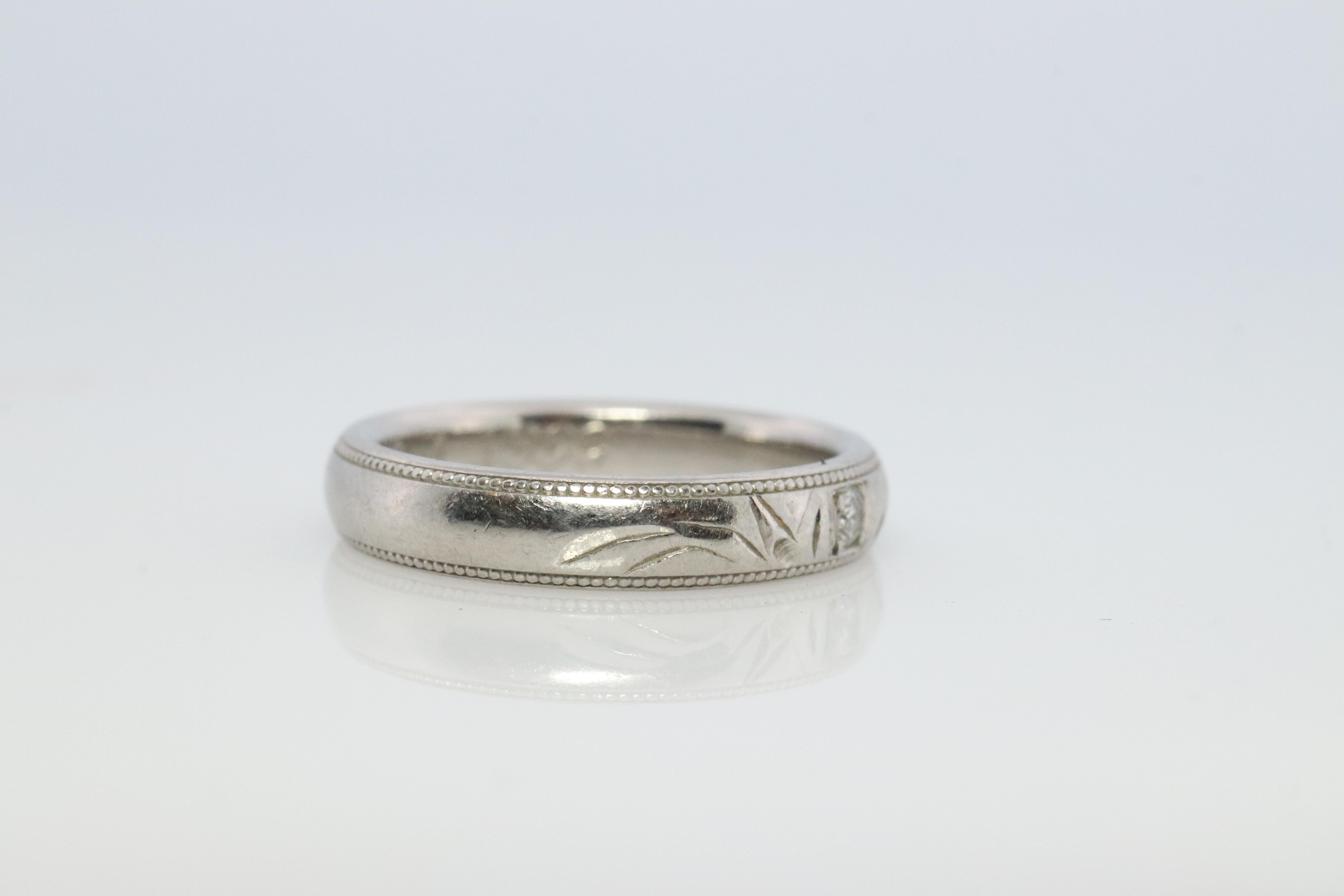 Modern Mikimoto Milgrain Ring. Platinum Mikimoto Diamond Bezel Engraved PT950 Band For Sale
