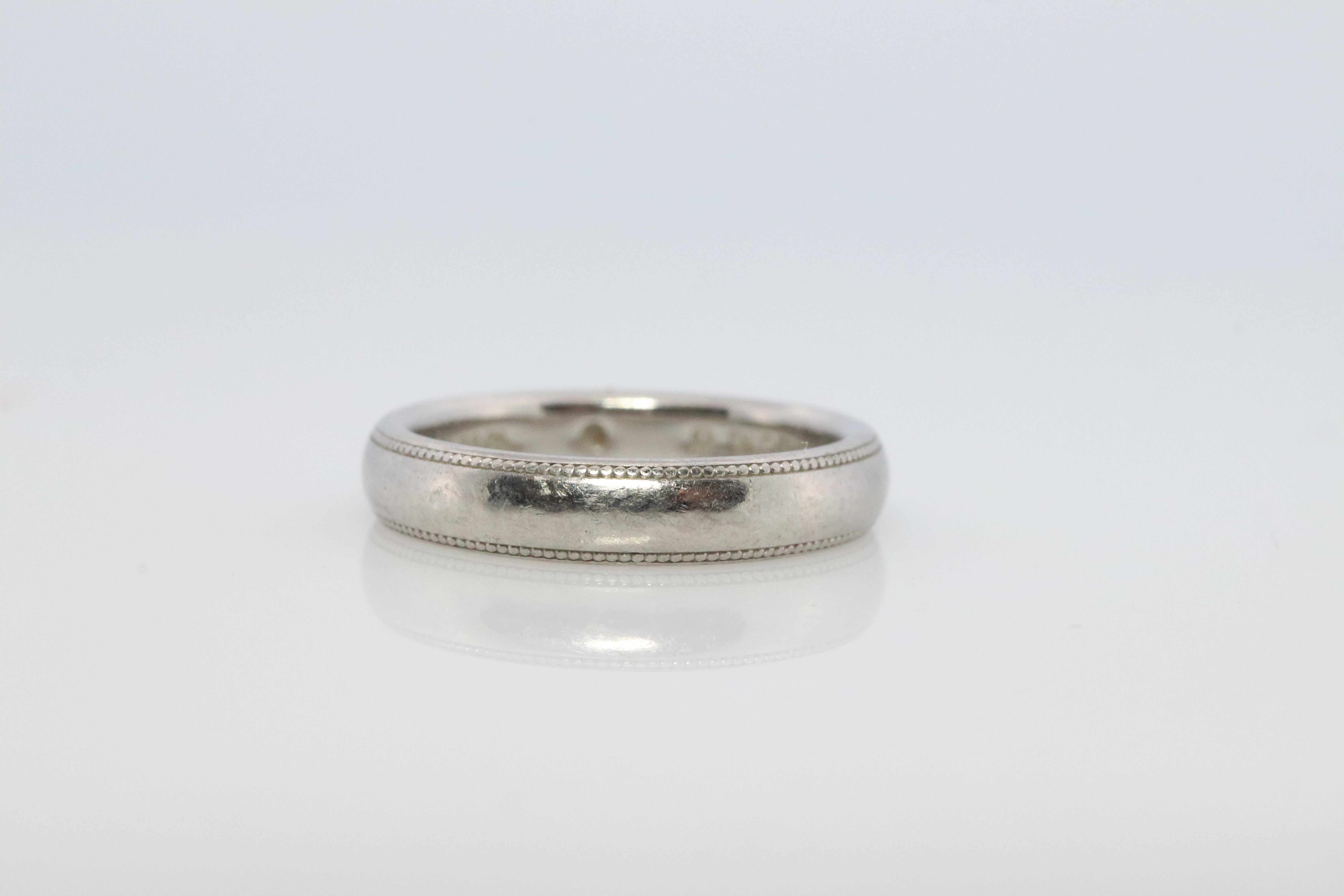 Round Cut Mikimoto Milgrain Ring. Platinum Mikimoto Diamond Bezel Engraved PT950 Band For Sale