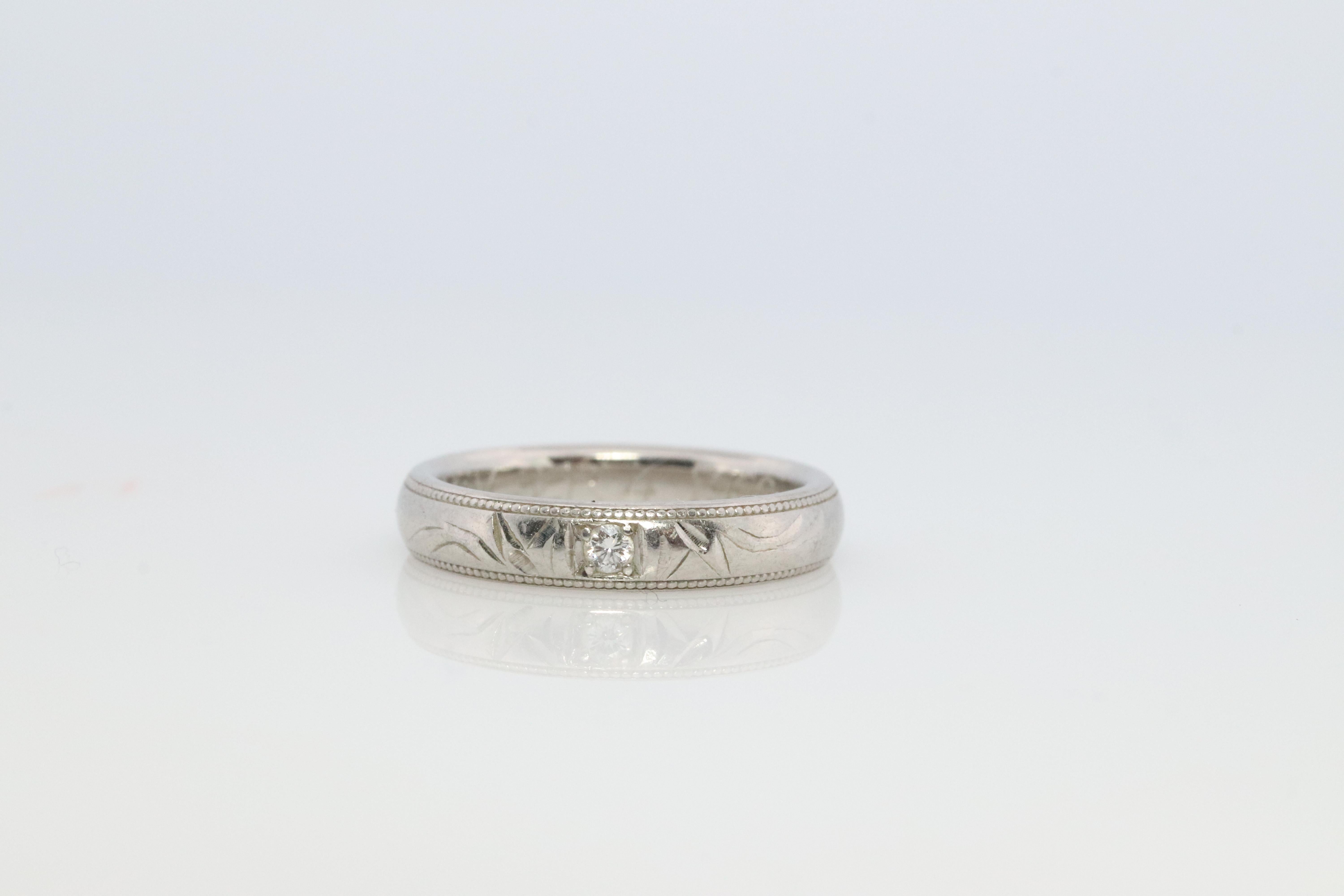 Mikimoto Milgrain Ring. Platinum Mikimoto Diamond Bezel Engraved PT950 Band For Sale 1