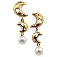 Mikimoto Moon & Star Pearl Drop 18 Karat Yellow Gold Dangle Earrings