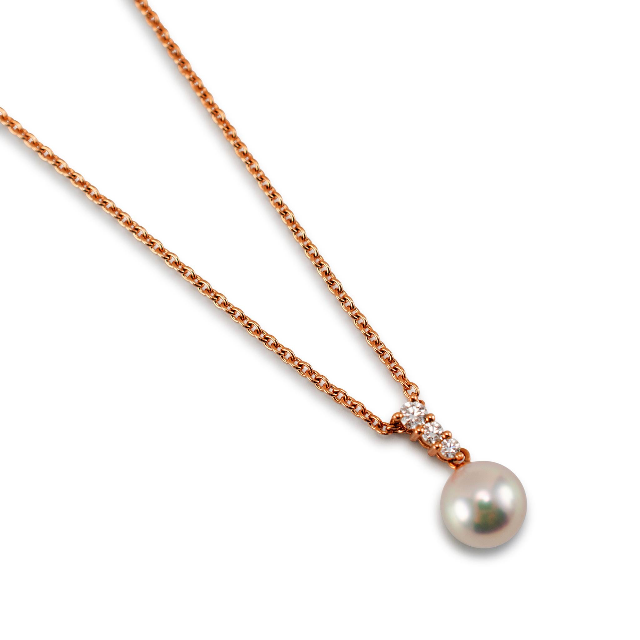 Round Cut Mikimoto Morning Dew 18K Rose Gold 3 Diamonds 10MM Pearl Pendant Necklace For Sale