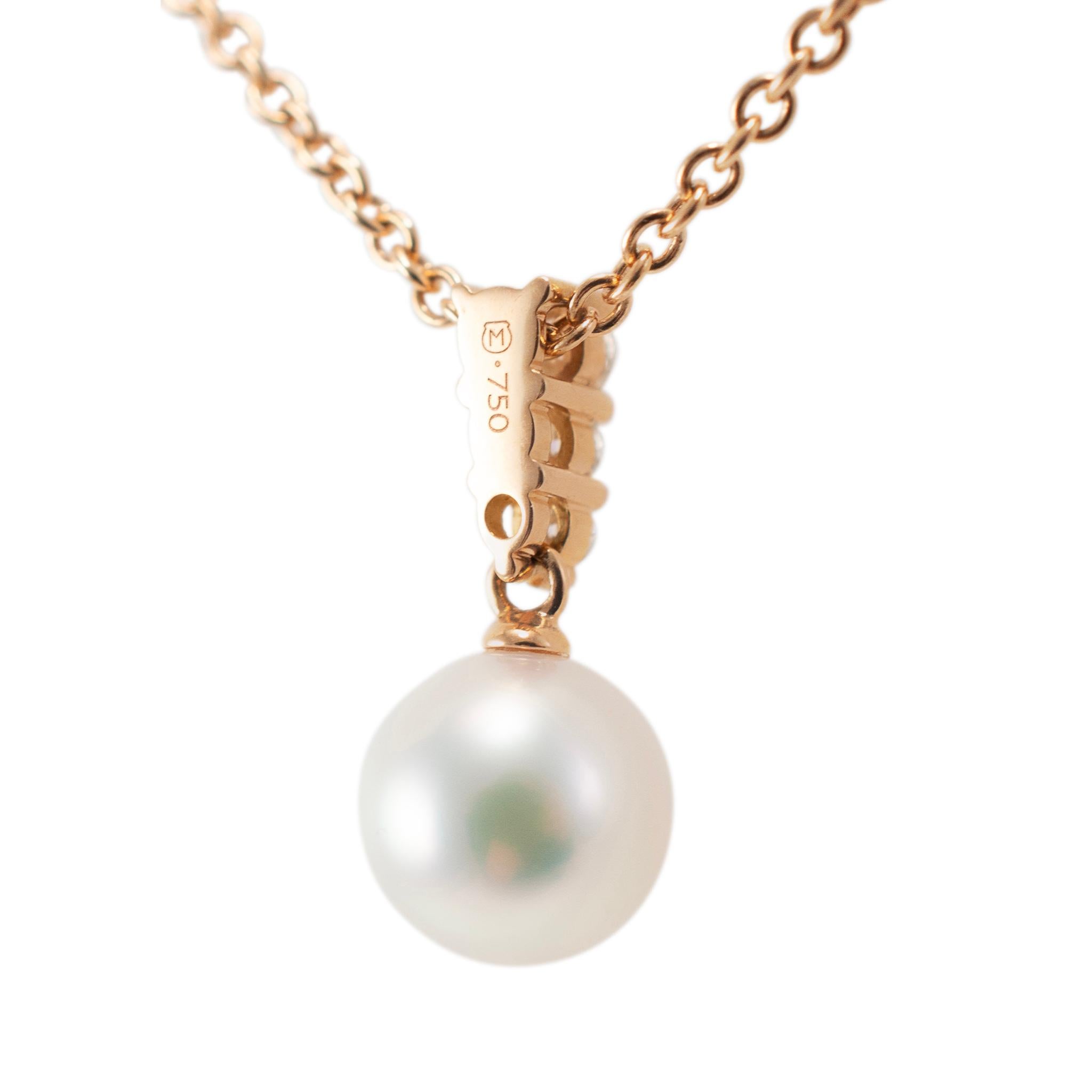 Mikimoto Morning Dew 18K Rose Gold 3 Diamonds 10MM Pearl Pendant Necklace For Sale 1