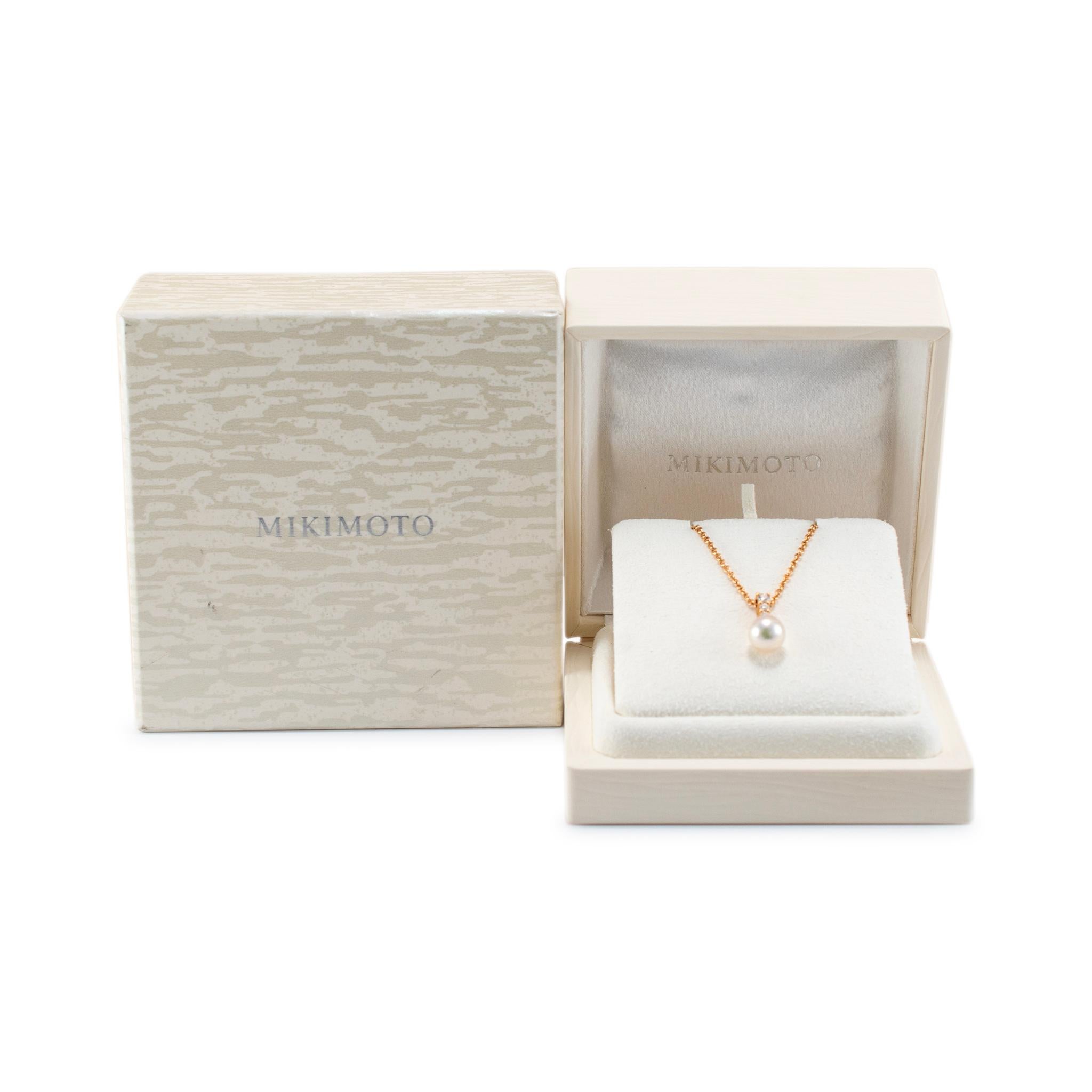 Mikimoto Morning Dew 18K Rose Gold 3 Diamonds 10MM Pearl Pendant Necklace For Sale 2
