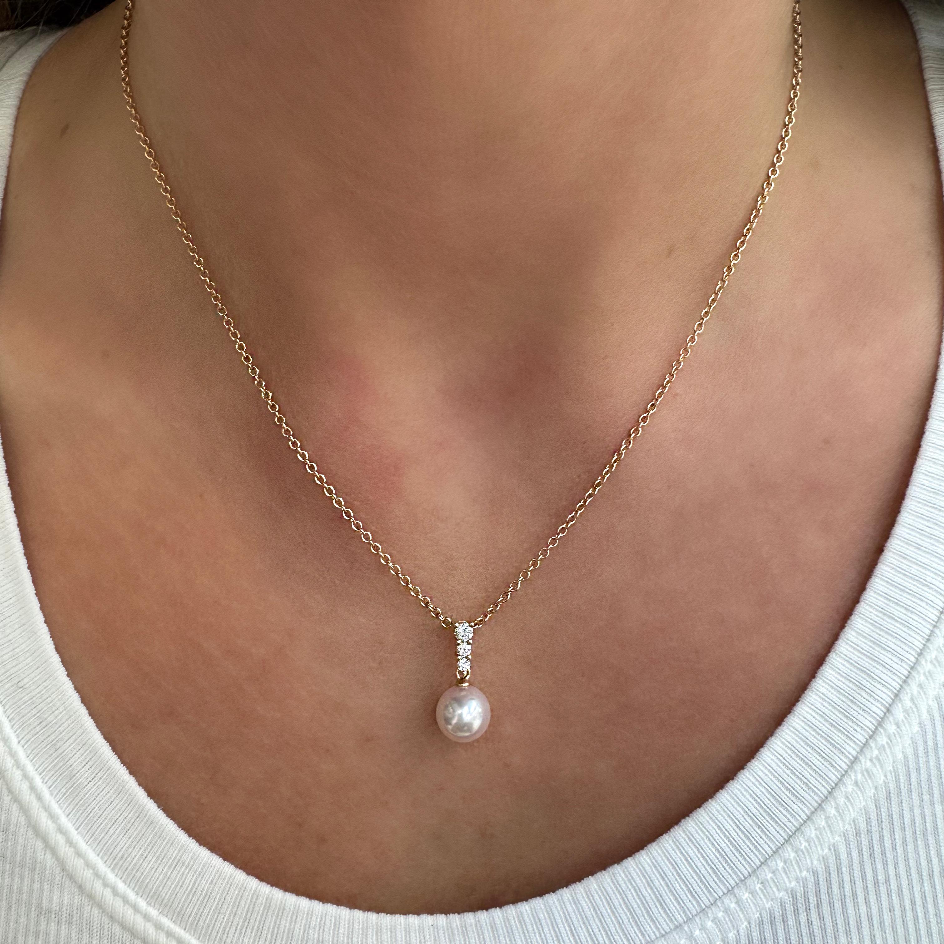 Mikimoto Morning Dew 18K Rose Gold 3 Diamonds 10MM Pearl Pendant Necklace For Sale 3