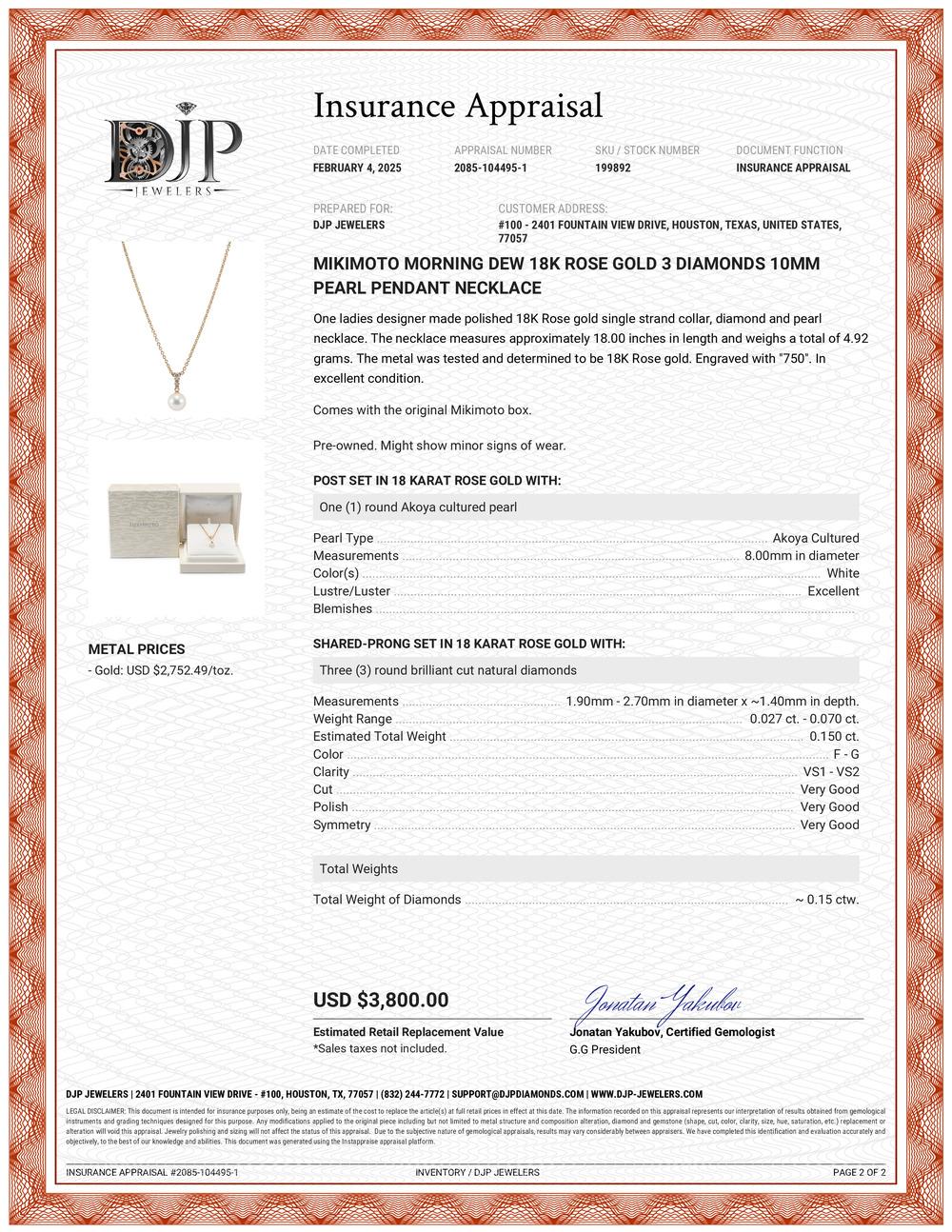 Mikimoto Morning Dew 18K Rose Gold 3 Diamonds 10MM Pearl Pendant Necklace For Sale 4