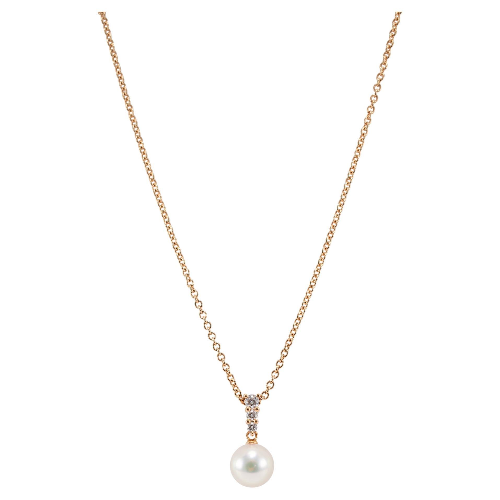Mikimoto Morning Dew 18K Rose Gold 3 Diamonds 10MM Pearl Pendant Necklace