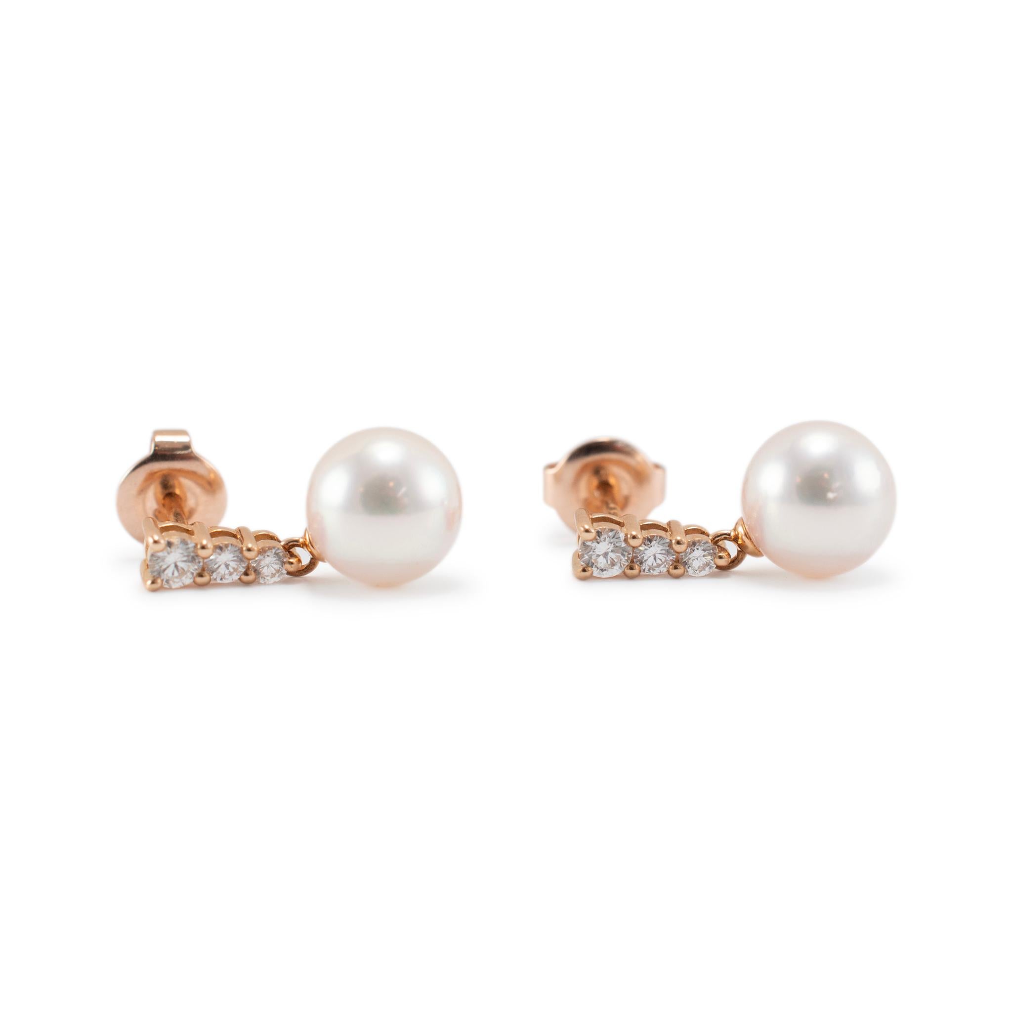 Mikimoto Morning Dew, orecchini a goccia in oro rosa 18 carati con perle coltivate e diamanti In condizioni ottime in vendita a Houston, TX