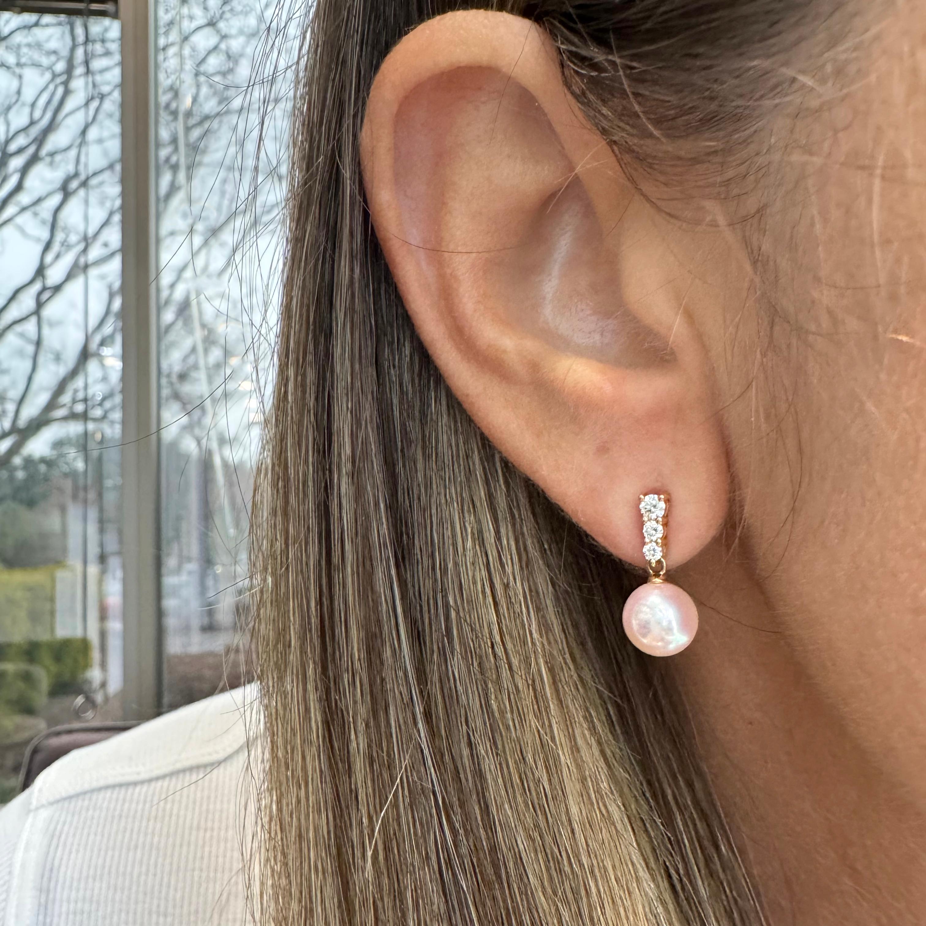 Mikimoto Morning Dew, orecchini a goccia in oro rosa 18 carati con perle coltivate e diamanti in vendita 2