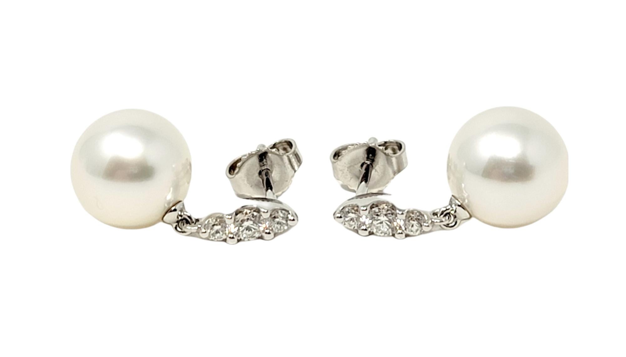 Round Cut Mikimoto Morning Dew South Sea Pearl and Diamond Dangle Earrings 18 Karat Gold