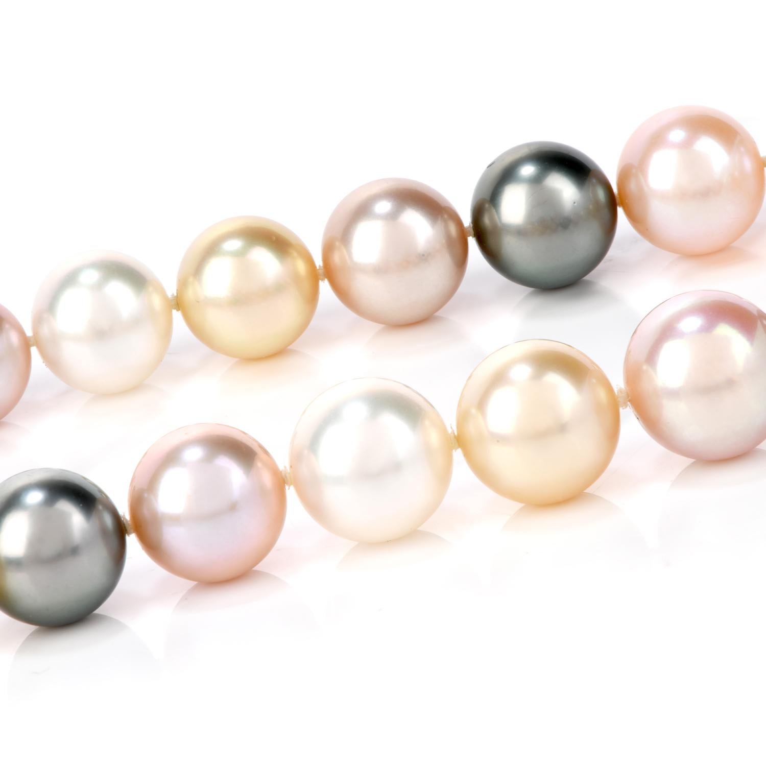 When you’re feeling in a dreamy and heavenly mood, snatch this very high quality Mikimoto Multi Tone southsea Pearl 18K White Gold 18 Inch Necklace to wear with pride!  This pretty necklace has 42 perfect  multitone genuine southsea pearls from 11mm