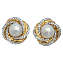 Retro Mikimoto-NY Mabe Pearl and Diamond Clip-On Earrings