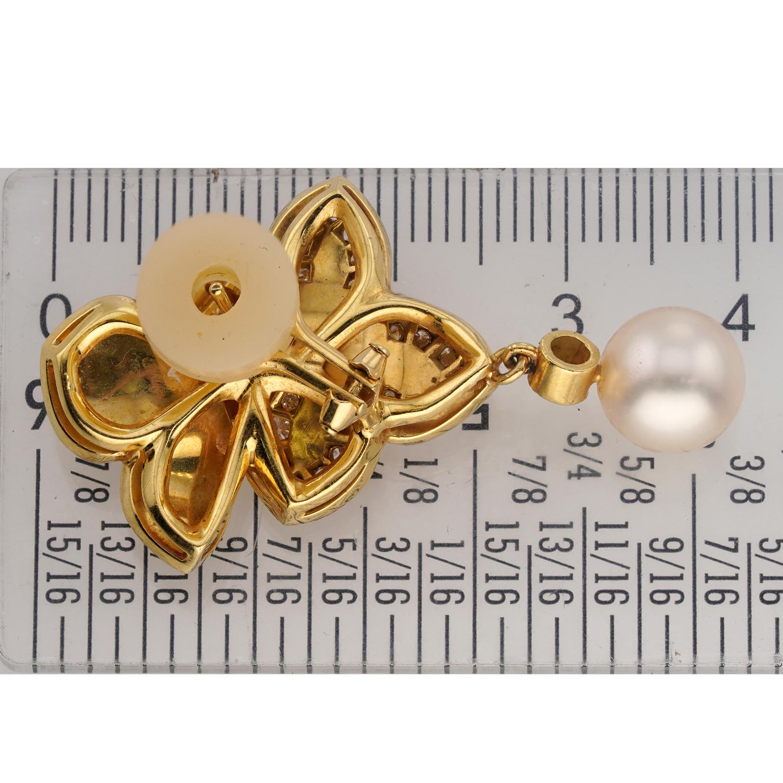Pendientes MIKIMOTO Pave Diamante Perla Doble Flor Oro Amarillo 18k en venta 1