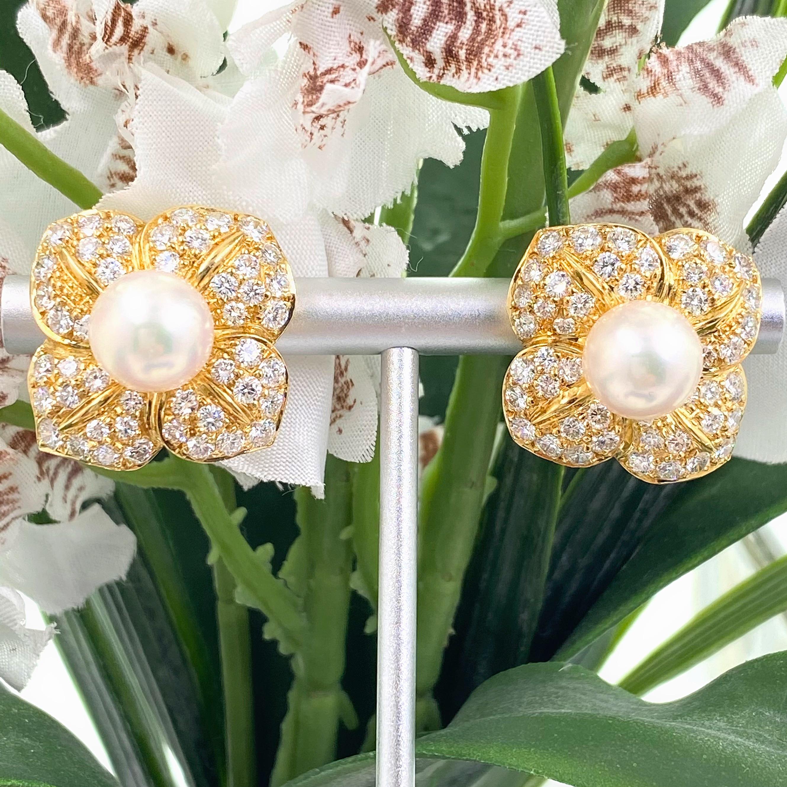 Women's or Men's Mikimoto Pavé Diamond Pearl Floral Earrings in 18 Karat Yellow Gold For Sale