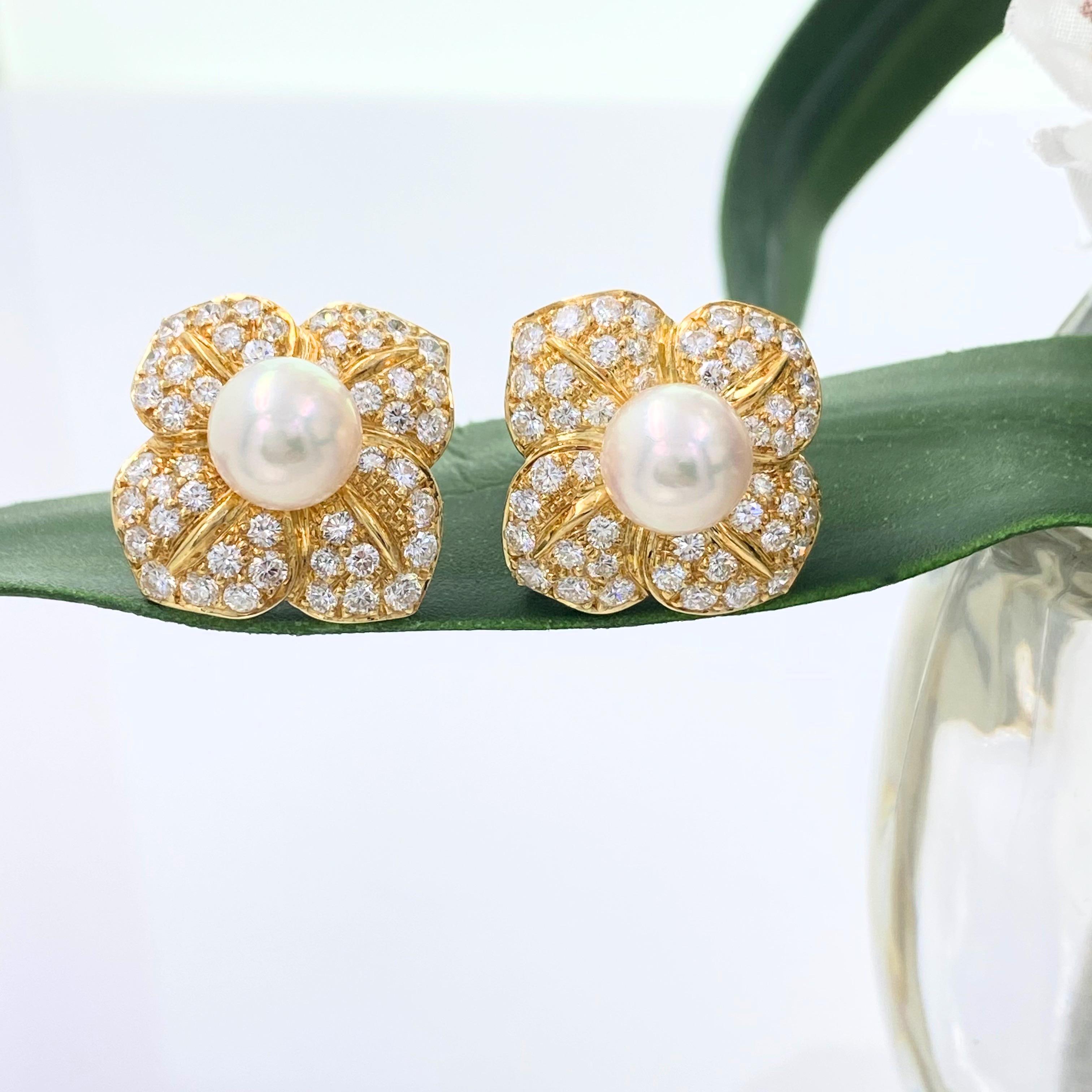 Mikimoto Pavé Diamond Pearl Floral Earrings in 18 Karat Yellow Gold For Sale 2