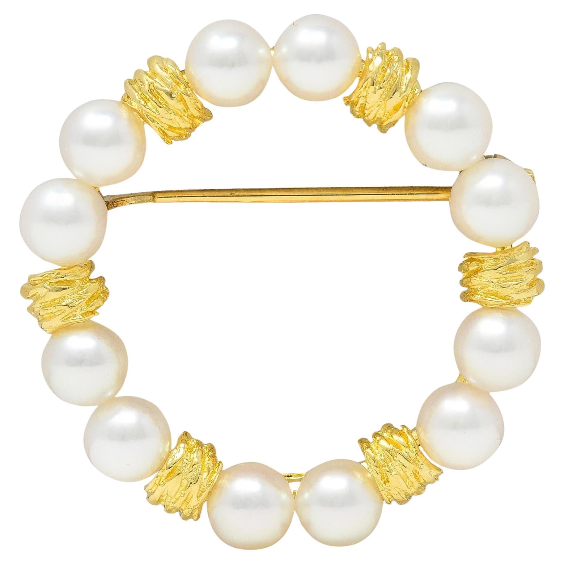 Mikimoto Pearl 14 Karat Yellow Gold Vintage Circle Wreath Brooch