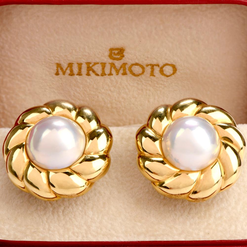 Round Cut Mikimoto Pearl 18 Karat Yellow Gold Flower Earrings