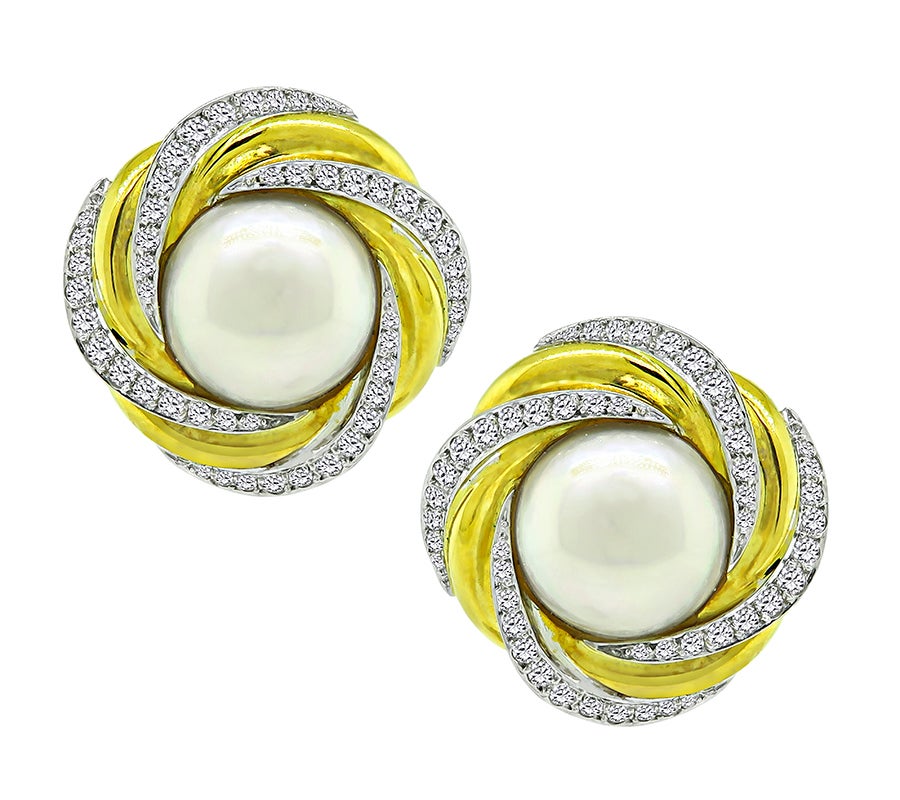 Mikimoto Pearl 1.80ct Diamond Two Tone Gold Earrings