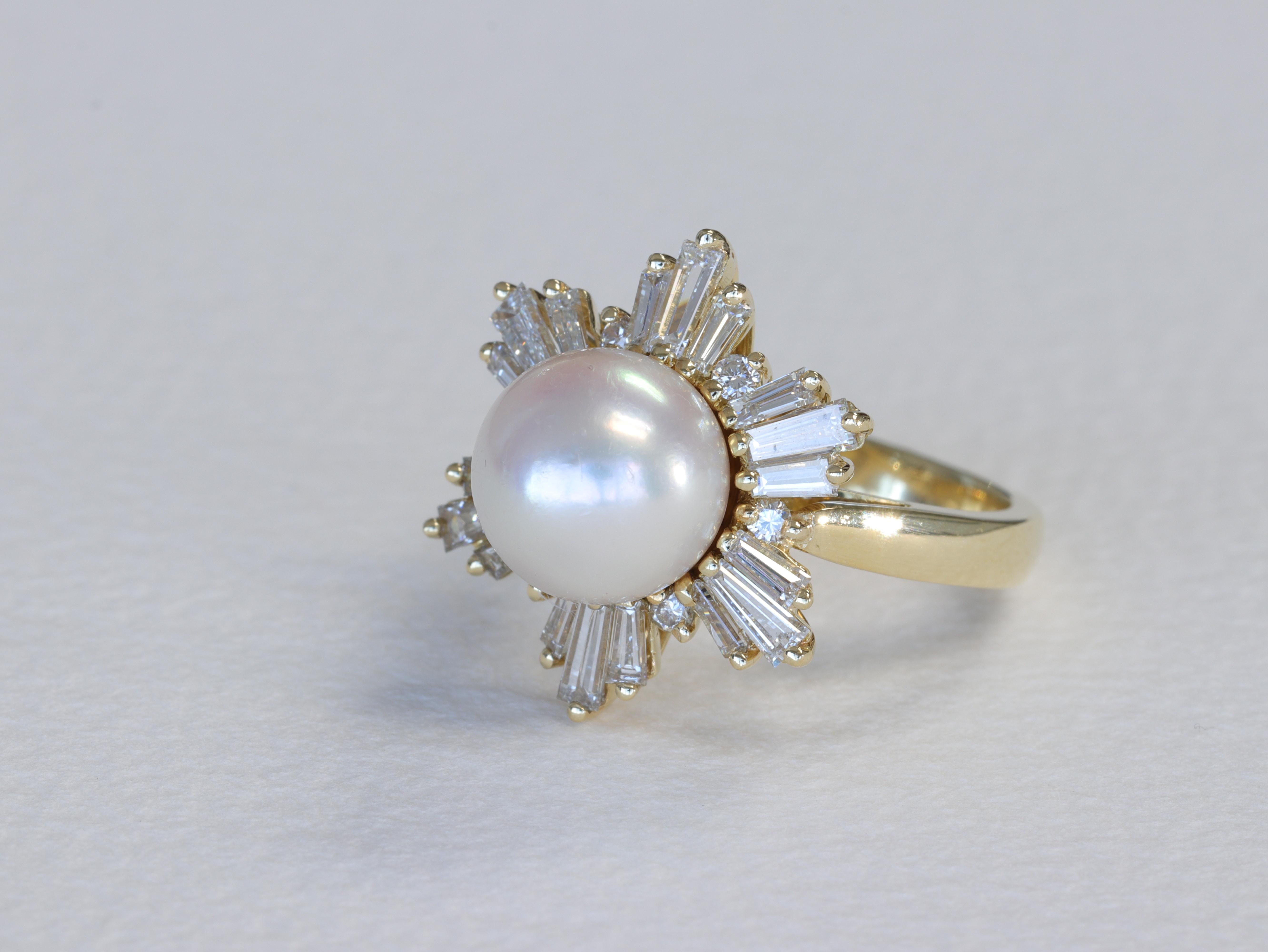 Baguette Cut Mikimoto Pearl and Baguette Diamond Snowflake Ring in 18 Karat Yellow Gold For Sale