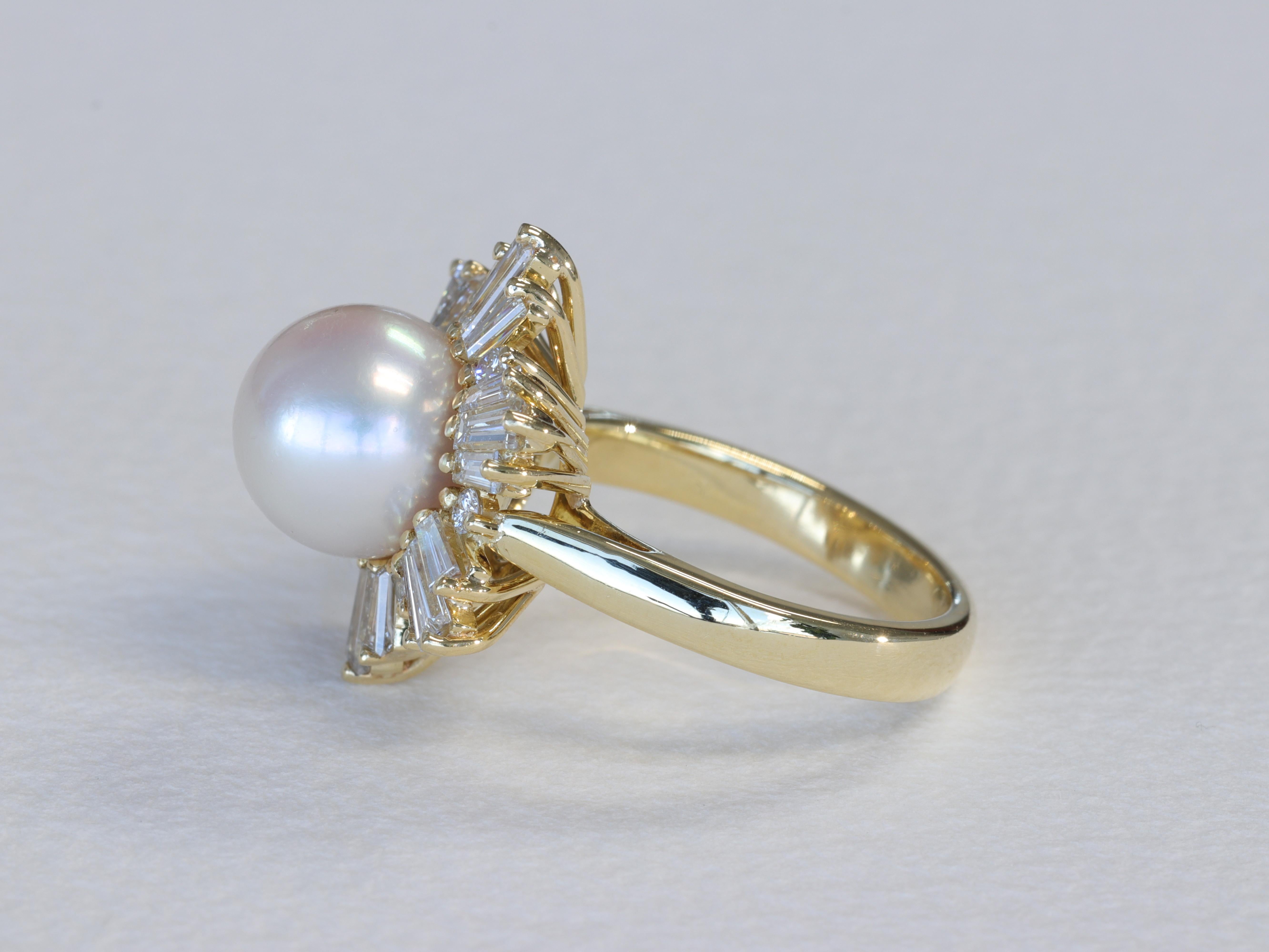 Mikimoto Pearl and Baguette Diamond Snowflake Ring in 18 Karat Yellow Gold In Excellent Condition For Sale In Tampa, FL