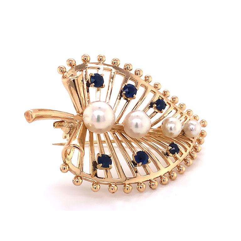 Cabochon Mikimoto Pearl and Blue Sapphire Leaf Brooch in 14k Yellow Gold For Sale