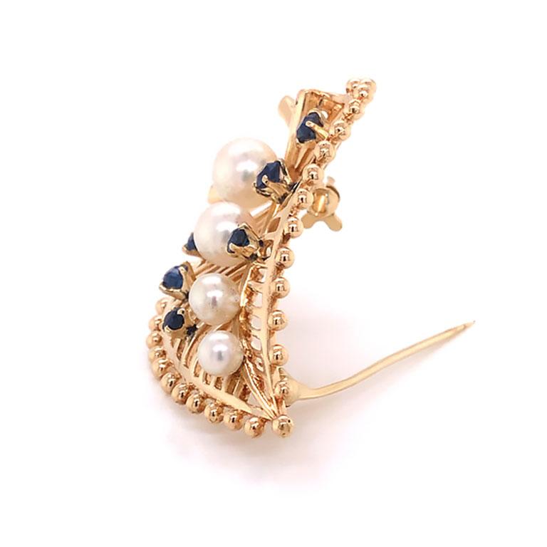 Mikimoto Pearl and Blue Sapphire Leaf Brooch in 14k Yellow Gold For Sale 1