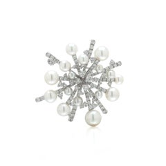 Mikimoto Pearl and Diamond Brooch and Earrings Set, 18KT White Gold