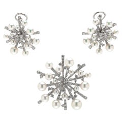 Mikimoto Pearl and Diamond Brooch and Earrings Set, 18KT White Gold