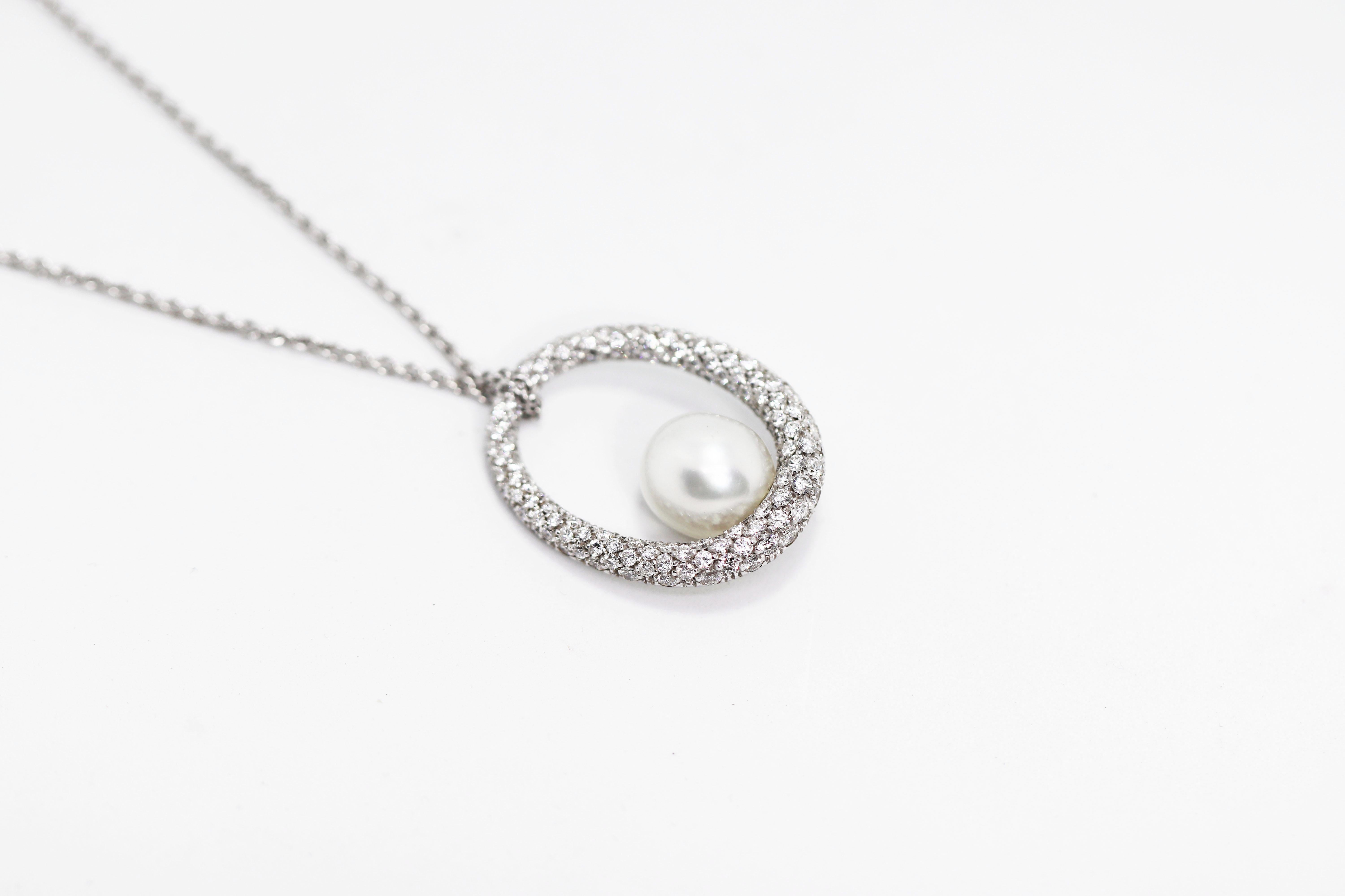 Modern Mikimoto Pearl and Diamond Pendant with 18 Carat White Gold Chain