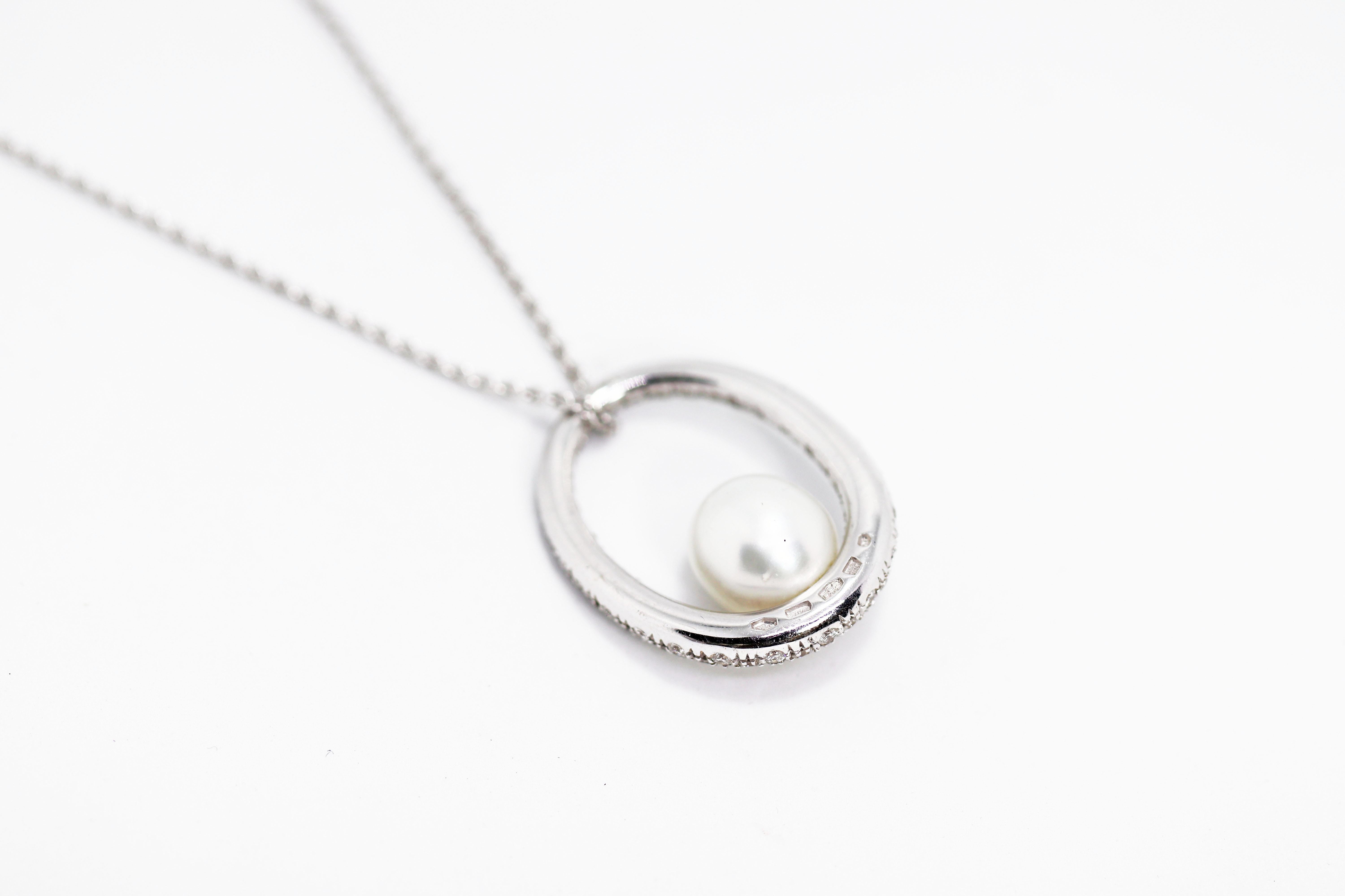 Mikimoto Pearl and Diamond Pendant with 18 Carat White Gold Chain In Excellent Condition In London, GB