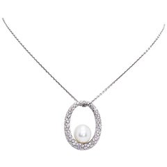 Mikimoto Pearl and Diamond Pendant with 18 Carat White Gold Chain