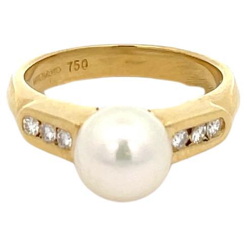 Mikimoto Pearl and Diamond Ring 18K Yellow Gold