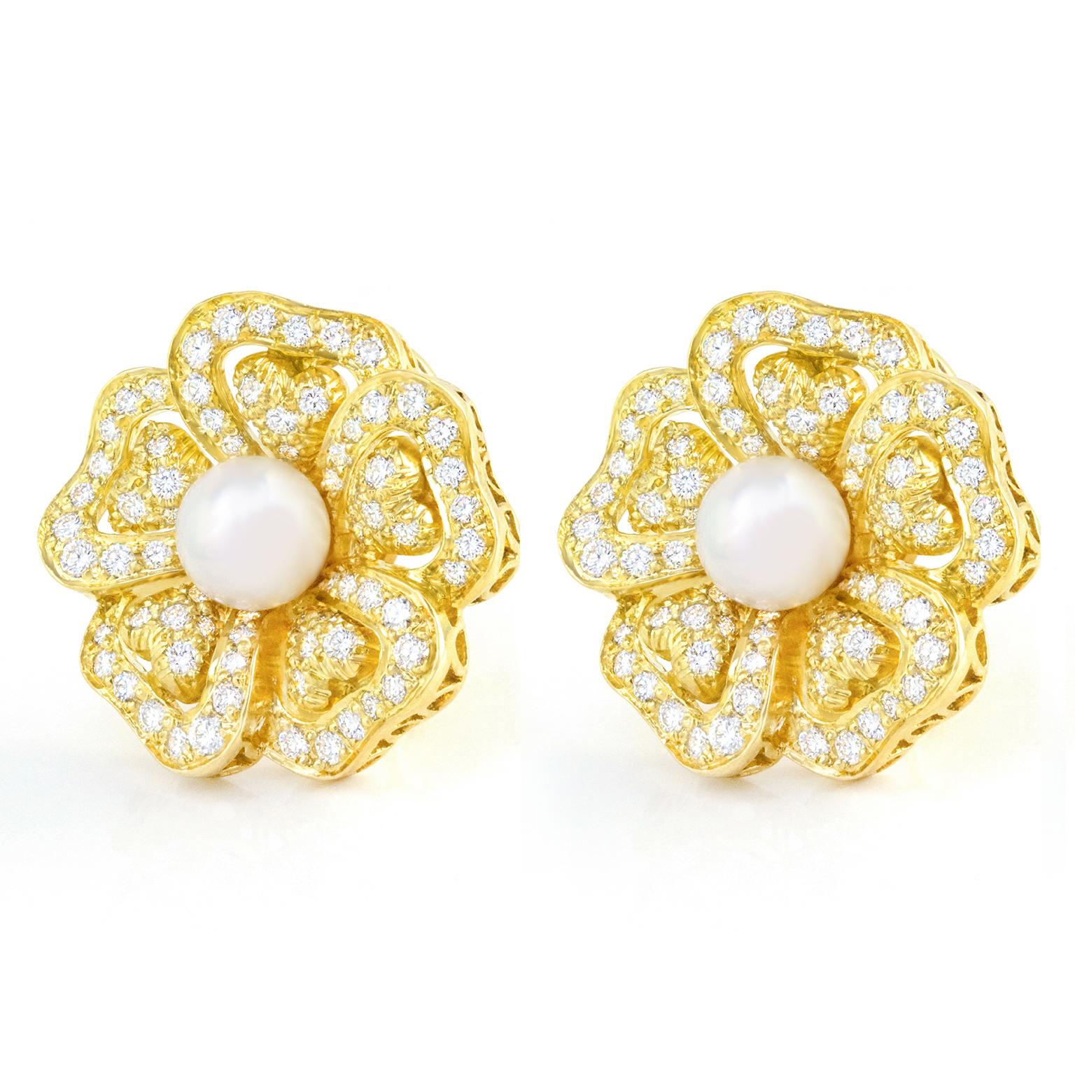 Mikimoto Pearl and Diamond-Set Gold Earrings In Excellent Condition In Litchfield, CT