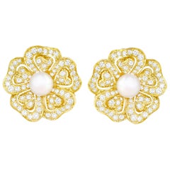 Retro Mikimoto Pearl and Diamond-Set Gold Earrings