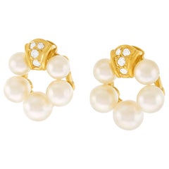 Vintage Mikimoto Pearl and Diamond Set Gold Earrings