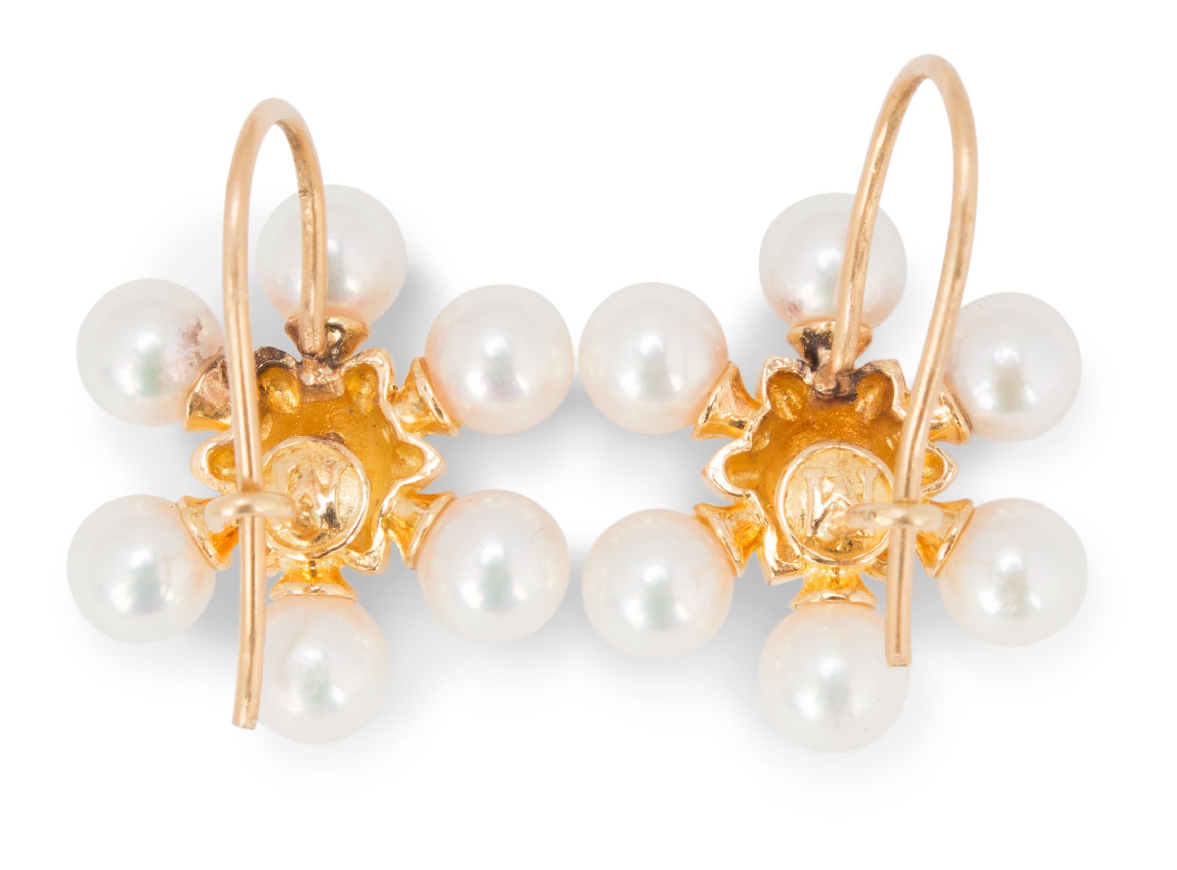 Round Cut Mikimoto Pearl and Diamond Snowflake Earrings