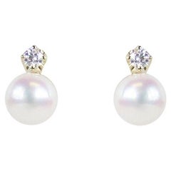 Used Mikimoto Pearl and Diamond Stud 18k Gold Earrings MEQ10144ADXK