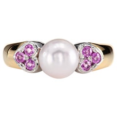 Mikimoto Pearl and Sapphires Ring in White and Yellow 18 Karat Gold