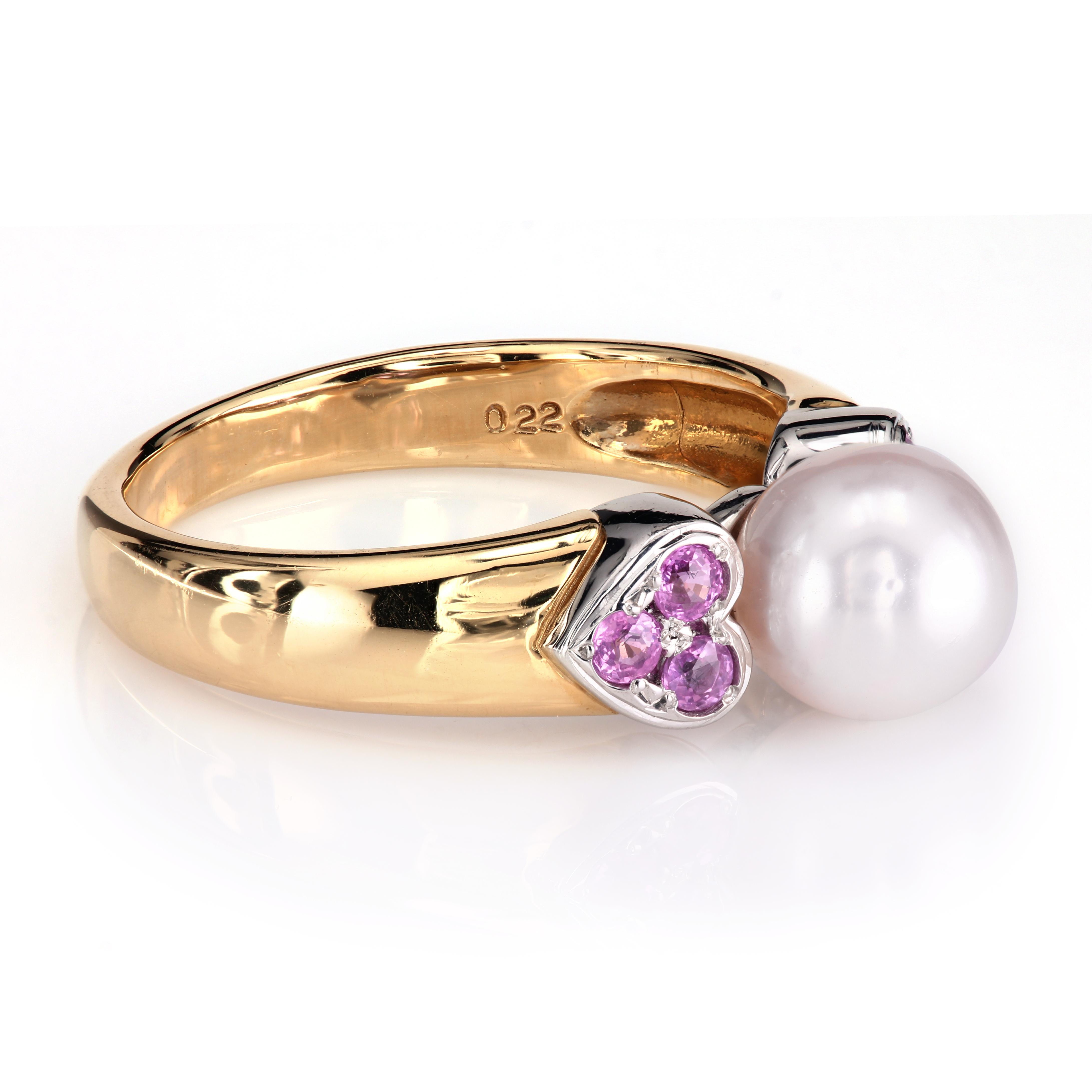 Modern Mikimoto Pearl and Sapphires Ring in White and Yellow 18 Karat Gold