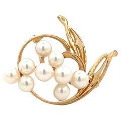 Vintage Mikimoto Pearl Brooch 14k Yellow Gold