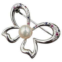 Mikimoto Pearl Brooch Pin Butterfly Ruby Sapphire Diamond 18k White Gold 7.3g