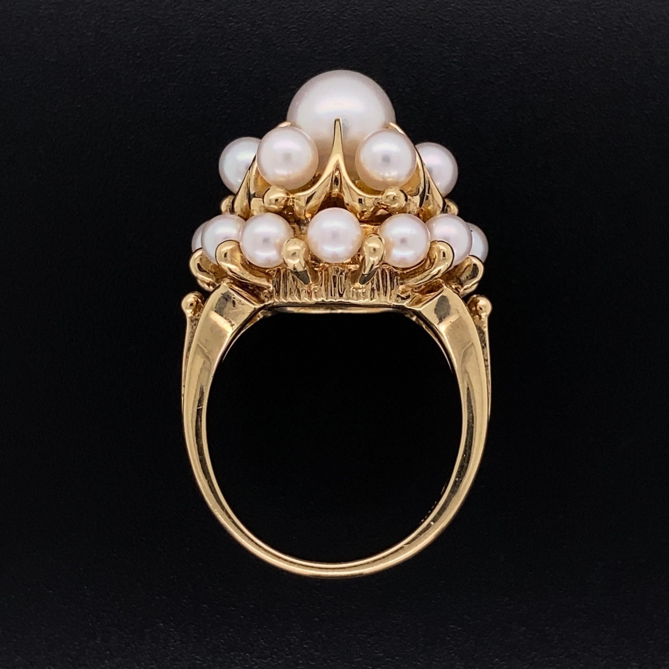 Modern Mikimoto Pearl Cluster Gold Ring Estate Fine Jewelry