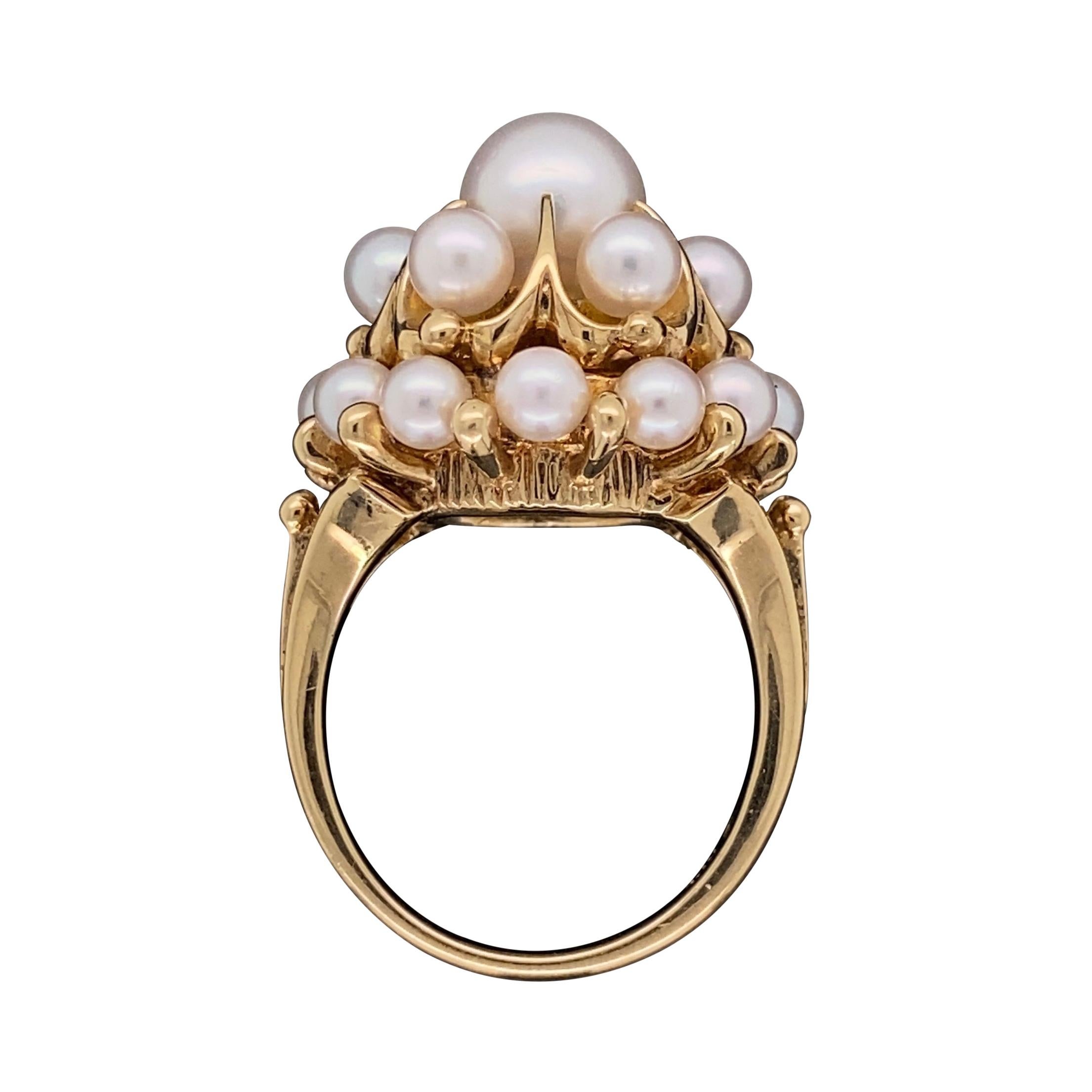 Mikimoto Pearl Cluster Gold Ring Estate Fine Jewelry