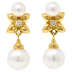 Mikimoto Pearl Diamond 18 Karat Gold Floral Drop Earrings