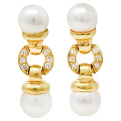Mikimoto Pearl Diamond 18 Karat Yellow Gold Drop Earrings