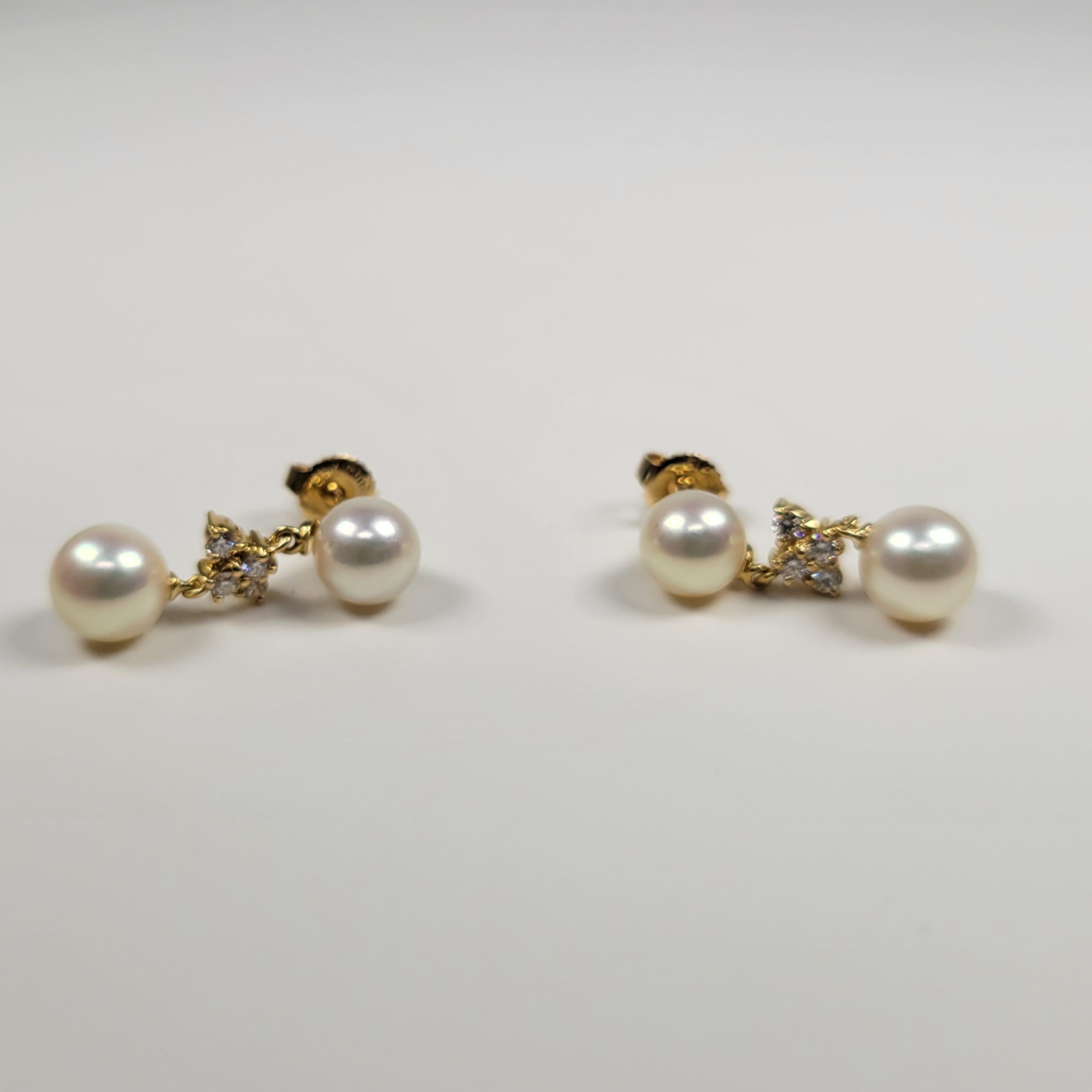 Round Cut Mikimoto Pearl Diamond 18 Karat Yellow Gold Earrings For Sale